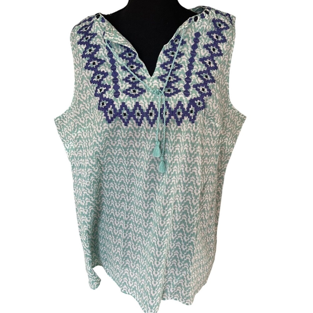 Talbots XL Mint Green Ikat Cotton Sleeveless Blouse Embroidered Coastal Grandma